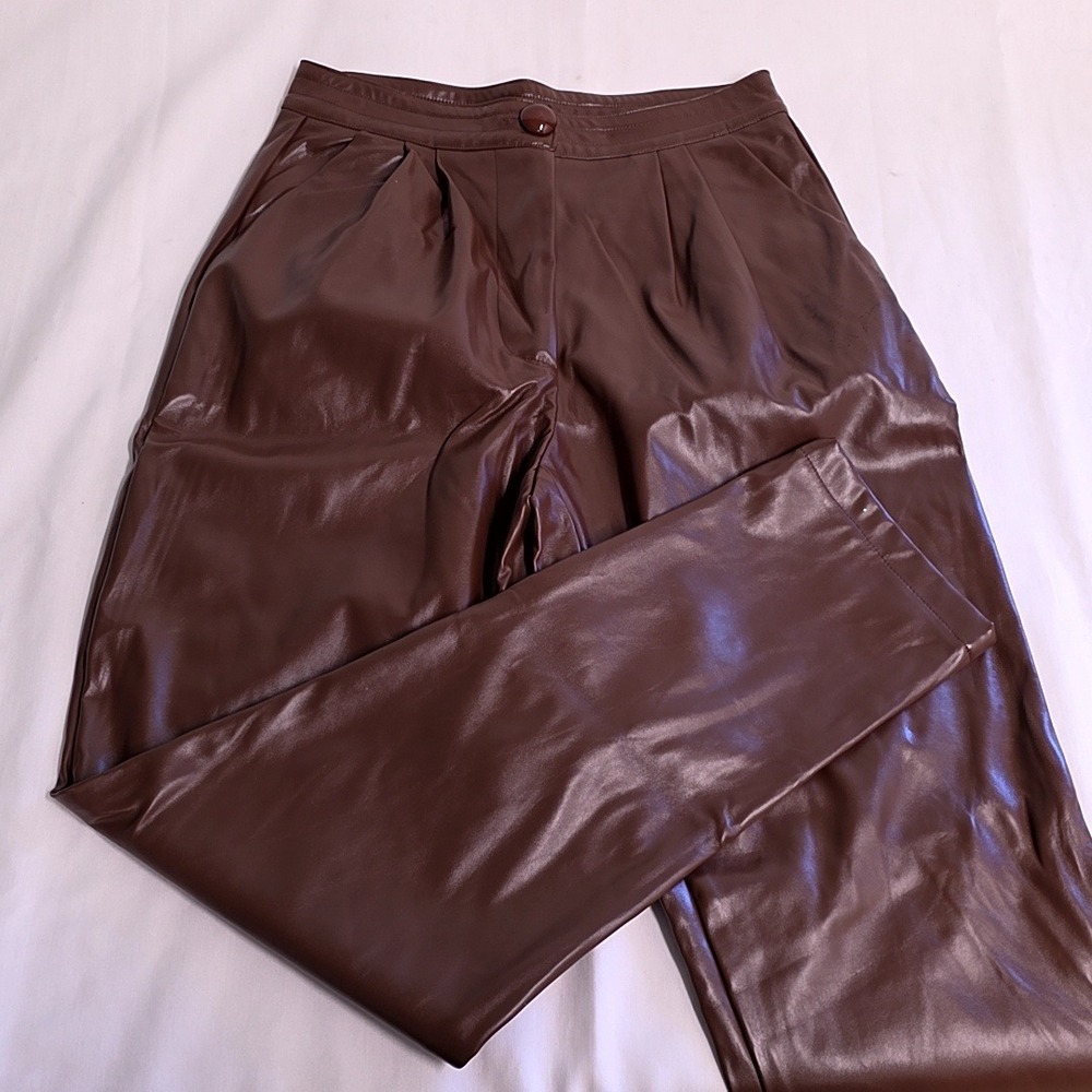 Princess Polly Faux Leather Pants Womens 4 Brown Pleated High Waisted Tapered
